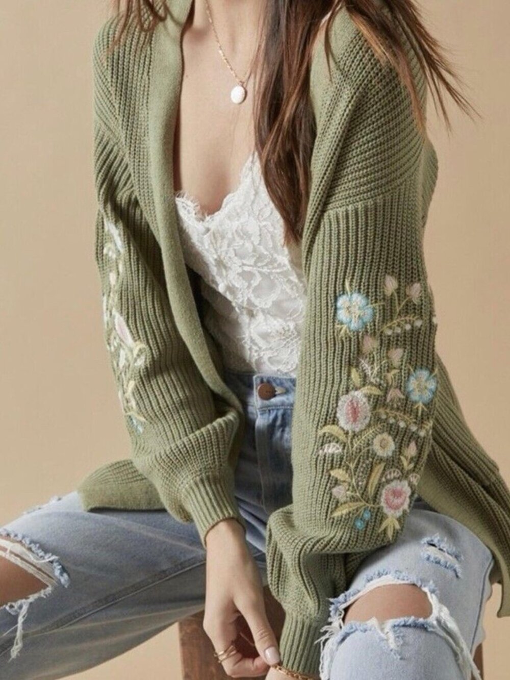 NWOT Francesca's Collections Mi Ami Monica Floral Embroidered Cardigan - Olive - Picture 1 of 6